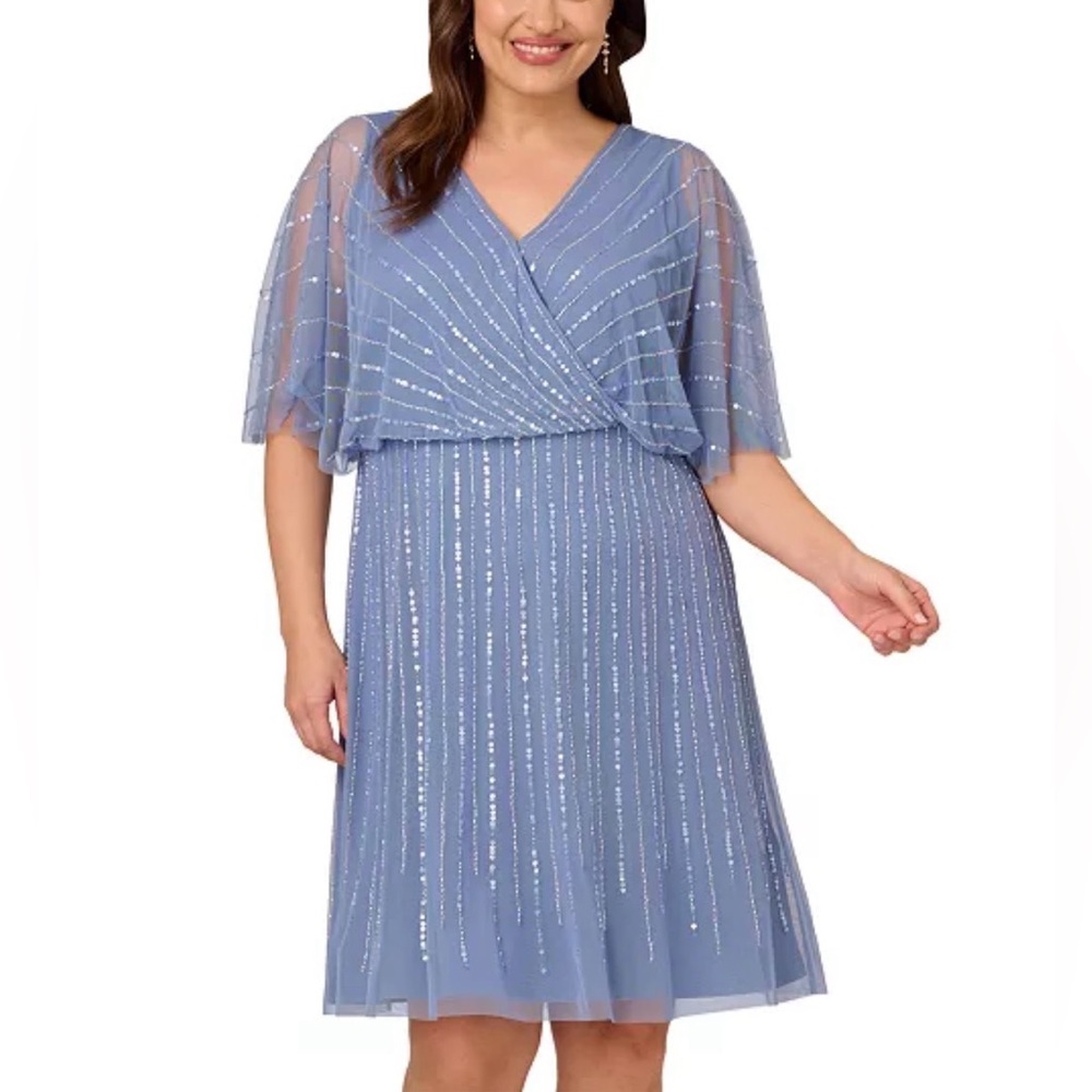 Adrianna Papell Plus Size Surplice-Neck Beaded Short Dress Size 18W
